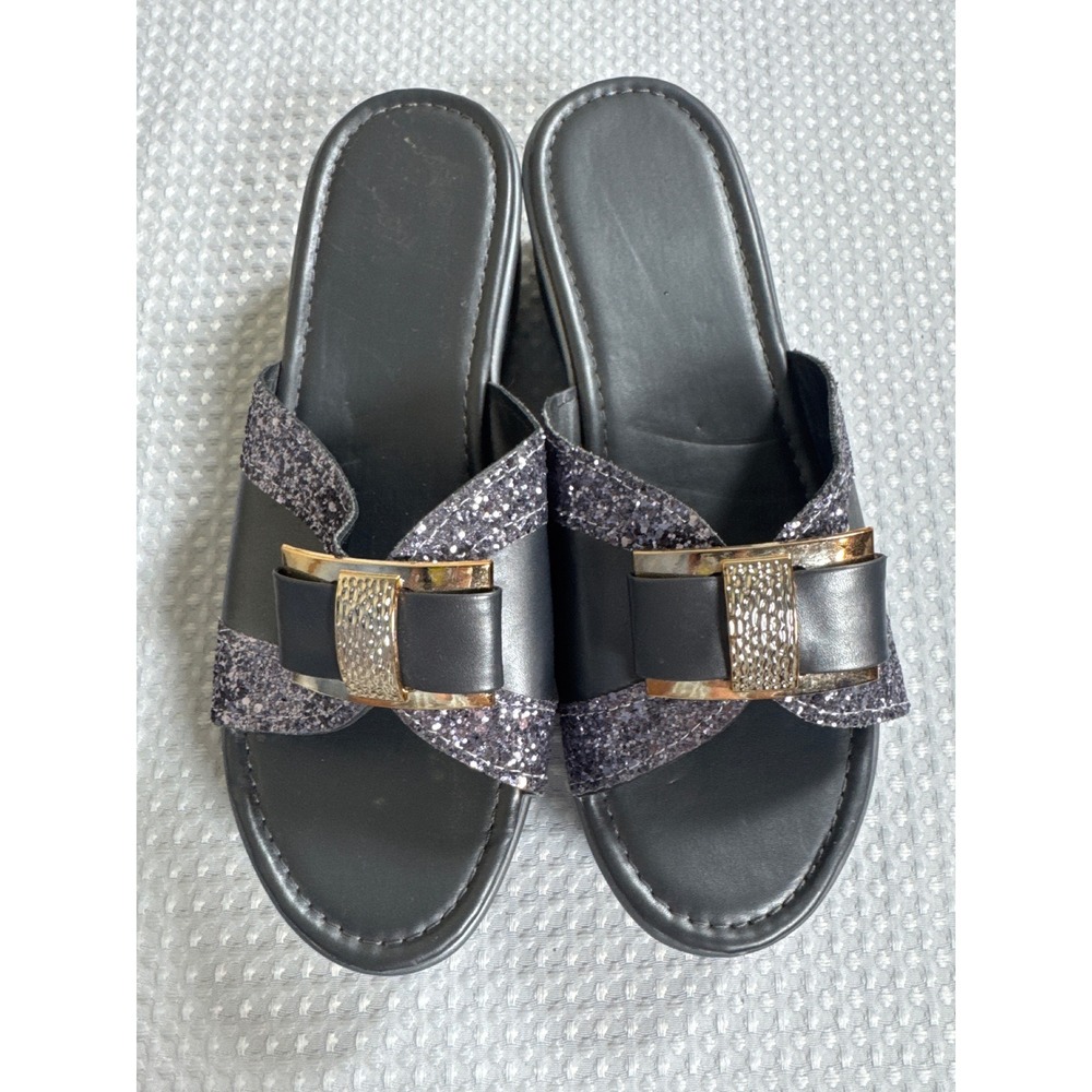 Unbranded Wedge Sandals Womens 43 Slide Glitter Gold Buckle Black EUC